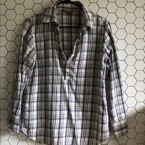 White and Blue Plunging Plaid Blouse